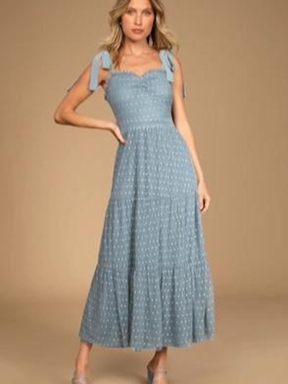 Lulus Just Your Darling Slate Blue Tie-Strap Swiss Dot Tiered Midi Dress
